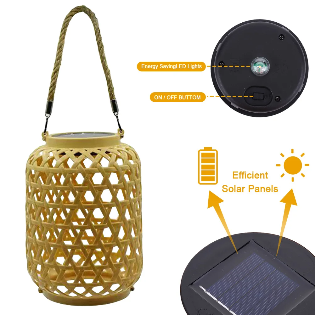 Outdoor Hanging Light with Handle Solar Rattan Lantern Waterproof Solar Powered Retro Pendant Light for Yard Patio Lawn Pathway