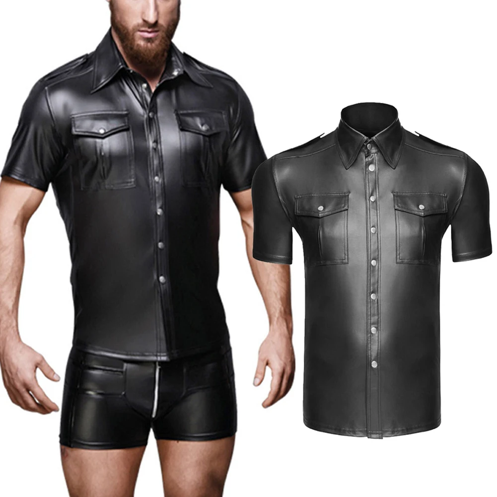 

Men Faux Leather Uniform Shirt Collared Short Sleeve Tee Wet Look Top Blouse Button Up T Shirt Nightclub Stage Costumes Tops