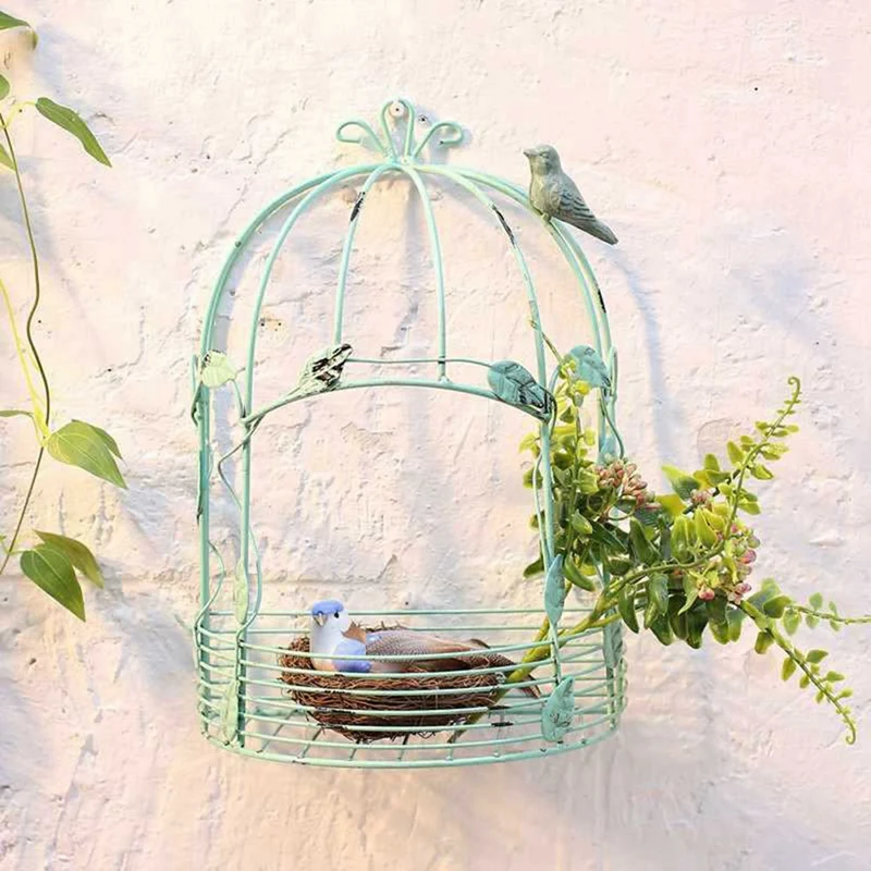 

Vintage Country Wall Hanging Wire Iron Half Bird Cage Flower Pot Garden Decoration Retro Birdcage Storage Rack Pot