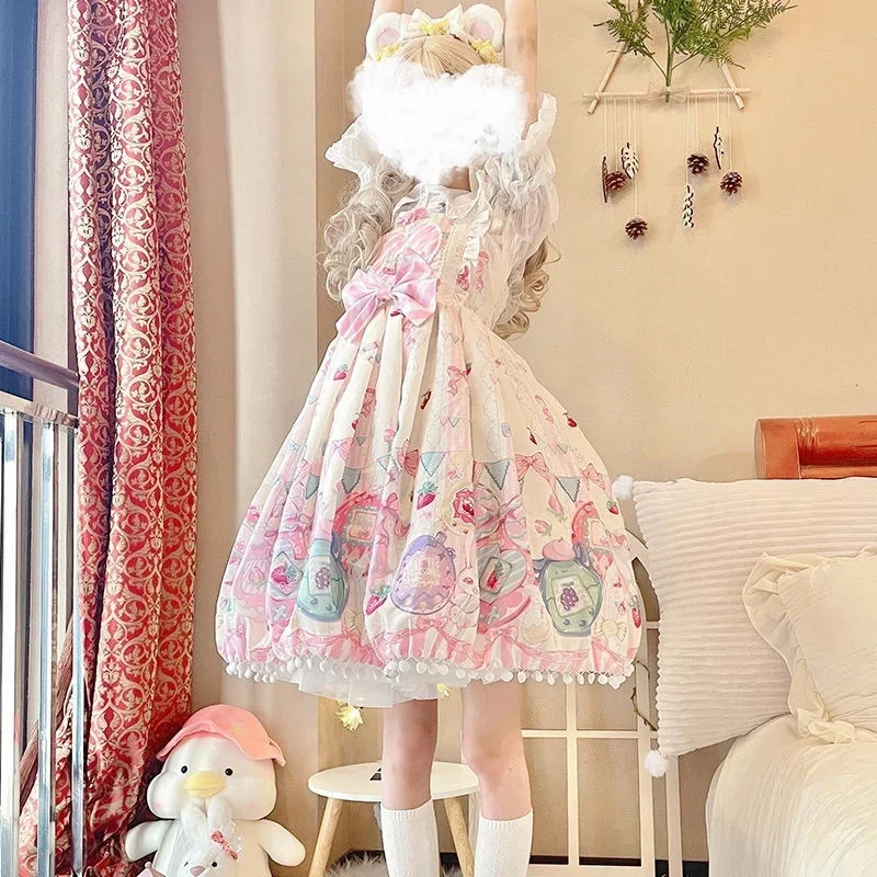 

Милое платье принцессы в стиле Лолиты с мультяшным принтом, женские милые кружевные платья на бретелях с бантом, милое женское мини-платье в стиле Харадзюку Y2k