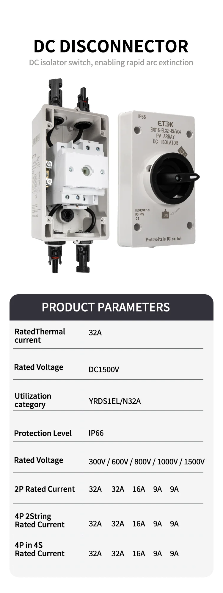 DC Isolator With box IP66 4P 32A 4series/1(3+1)strings Top to Bottom Connection