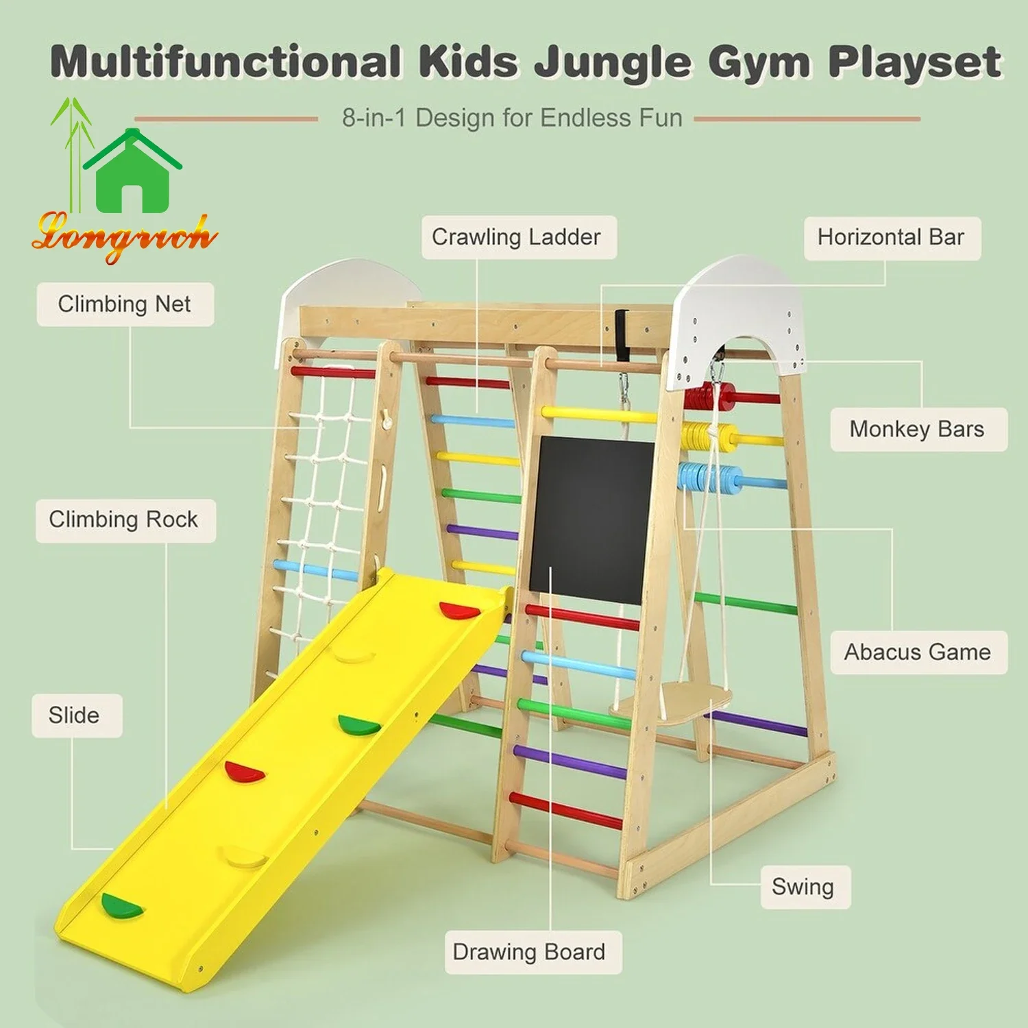 indoor kids wooden wall climbing frame play park triangle Jungle Play Gym Toddler Slide Wooden climbing toy