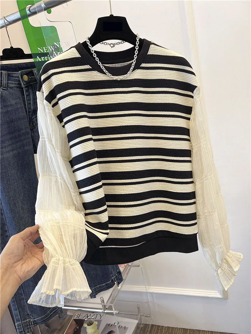 

Модная рубашка с круглым вырезом, винтажная черно-белая Повседневная Базовая футболка в полоску для девочек, Короткие удобные топы для женщин