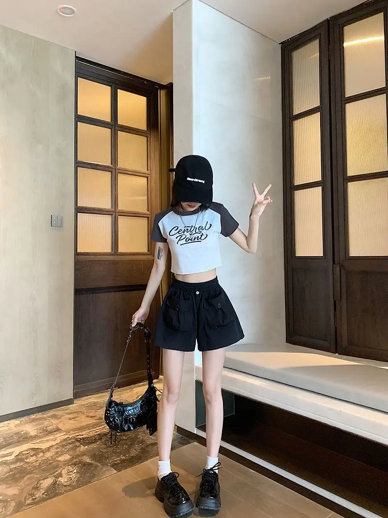 American Retro Work Shorts Women's New Summer Mountaineering Hot Girl High Waist Slim and Versatile Design Wide Leg Pants