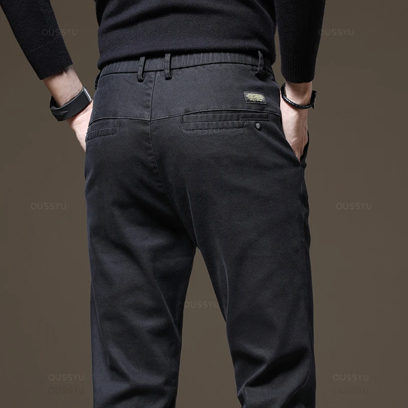 2024 New Winter Fleece Warm Men\'s Casual Pants Cotton Fashion Elastic Waist Twill Work Slim Flocking Thick Cargo Trousers Male