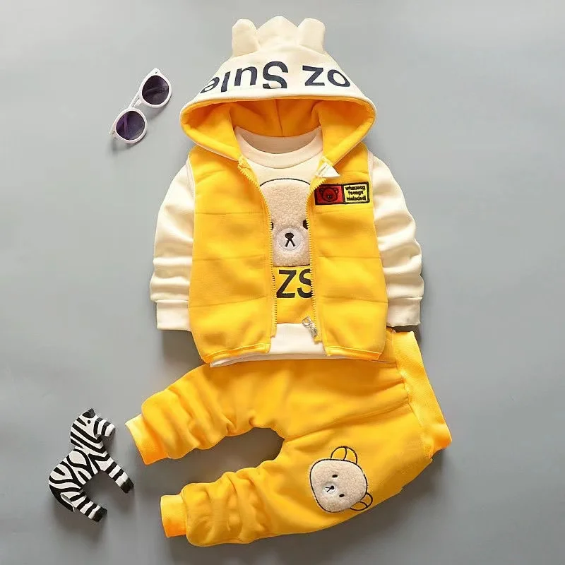 

New Autumn Winter Baby Girl Clothes Children Boys Thickened Hooded Vest T-Shirt Pants 3Pcs/Sets Toddler Costume Kids Tracksuits