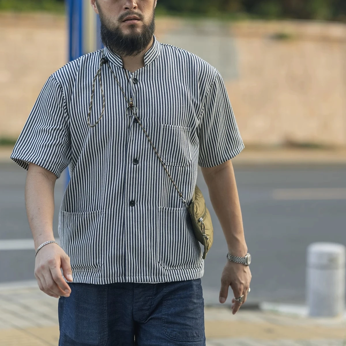 Bronson 1940s Collarless Short-Sleeve Shirt Prisoner Of War Stripes Work Shirt 2