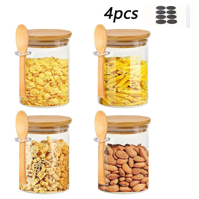 

4pcs/lot Glass Airtight Canister Kitchen Storage Bottles Jar Sealed Food Container Coffee Beans Grains Candy Jars with Spoon