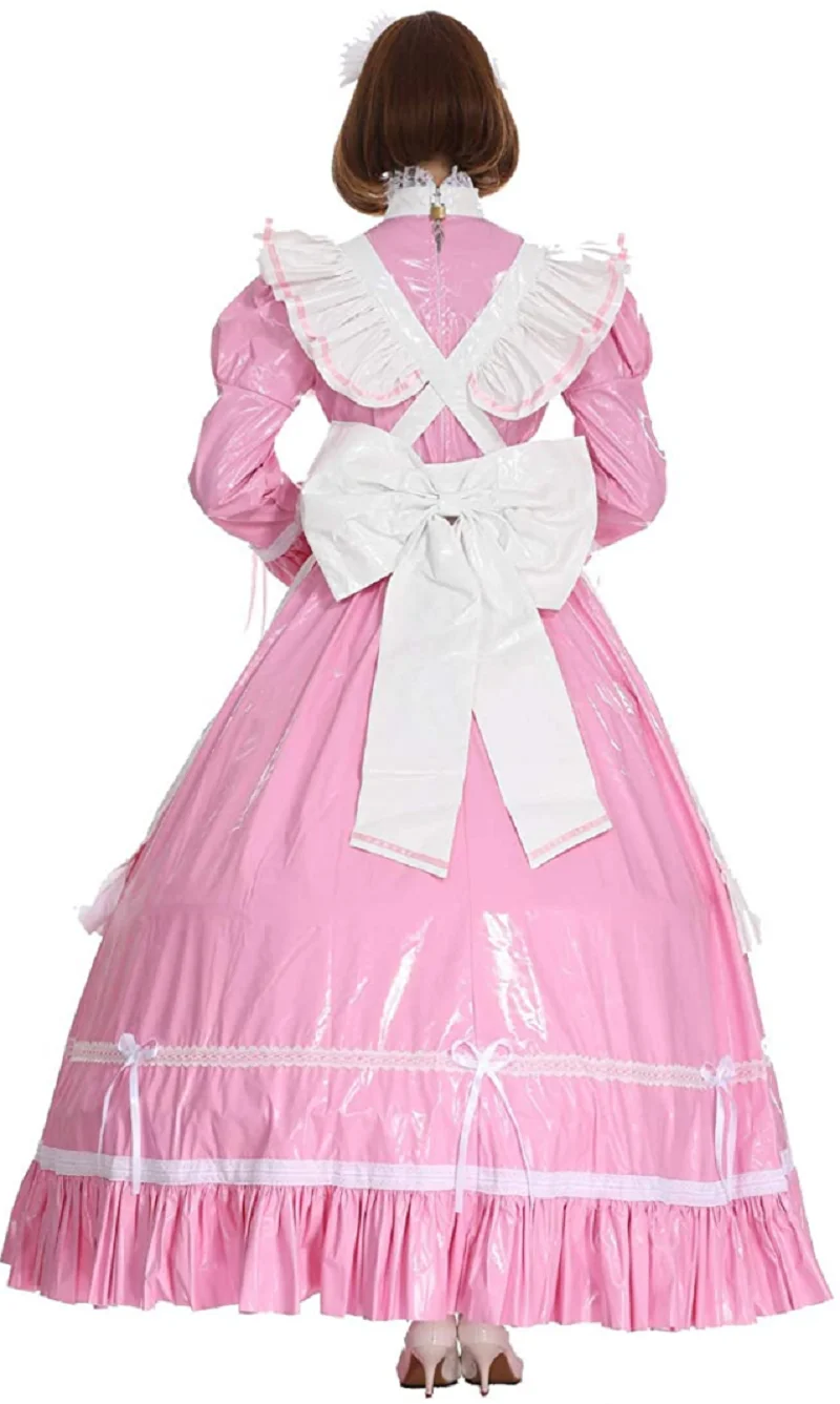 Venda quente novo pvc lockable sissy girl maid rosa longo avental grande laço bandagem role play customizável