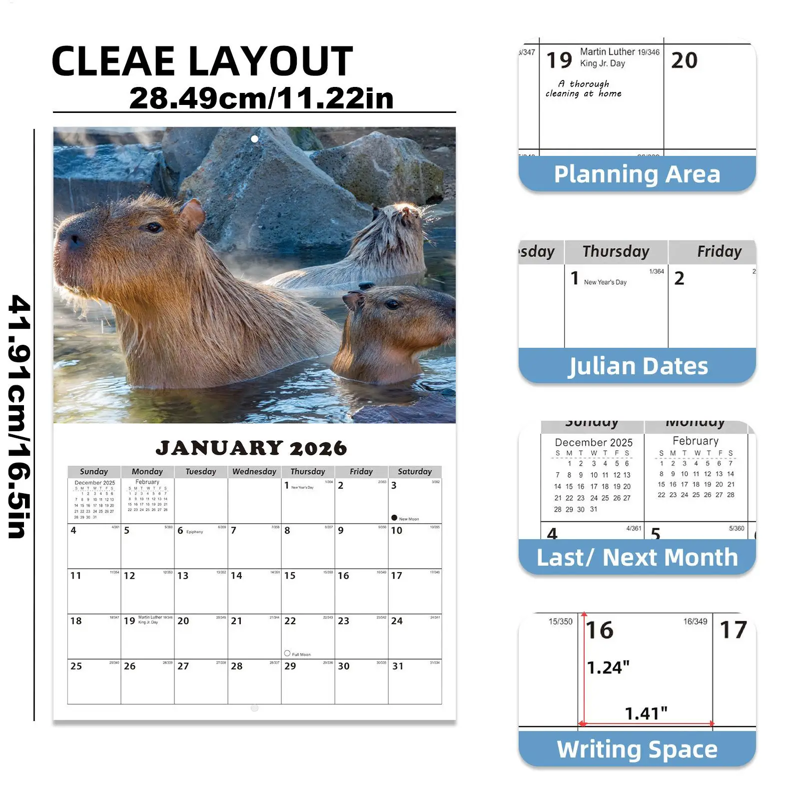 Calendar 2026-2027 Capybara-Themed Anti Ink Bleed Planner 13 Months Wall Calendar January 2026 with Julian Dates for Home School