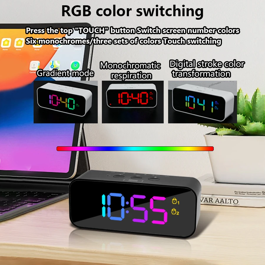 1pc new RGB color large screen digital recording clock, can record three kinds of sound alarm, sleep mode, voice control mode, t
