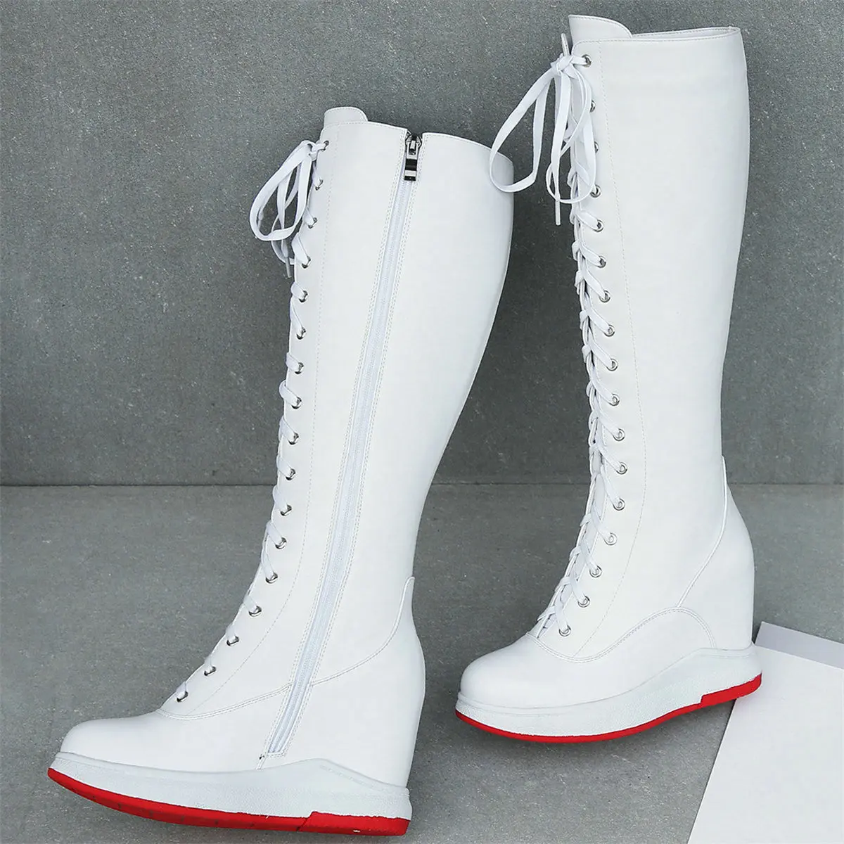 

Winter High Heel Pumps Shoes Women Lace Up Genuine Leather Wedges Knee High Boots Female Round Toe Fashion Sneakers Casual Shoes