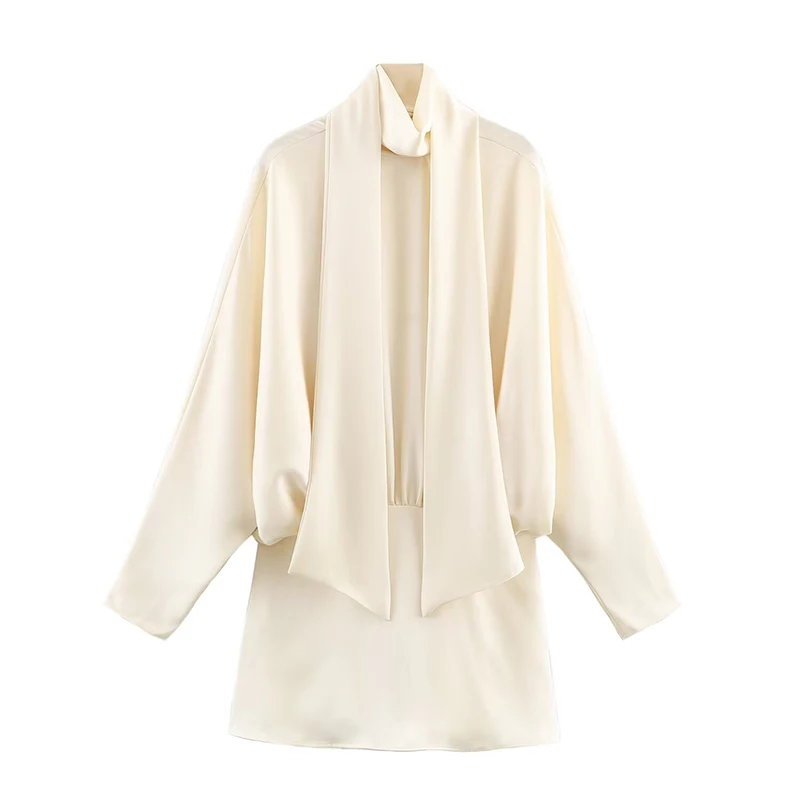 Elegant Satin Mini Dress For Women Fashion Scarf Collar Batwing Sleeve Short Dress Lady 2025 Autumn Chic Party Evening Dresses
