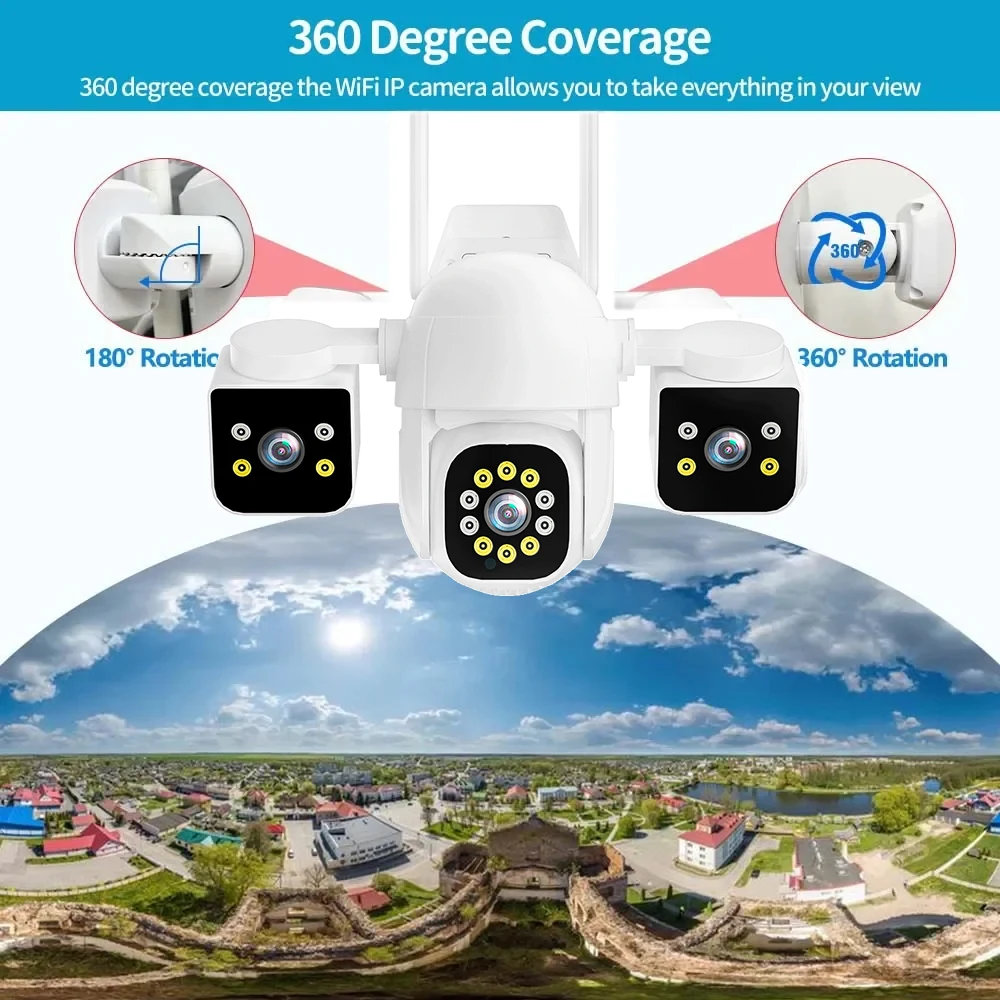 8K 16MP Three Lens Triple Screens Wifi PTZ Two way Audio Camera IPC360 Home Outdoor Wireless Cctv Security Auto Tracking IP Cam 3