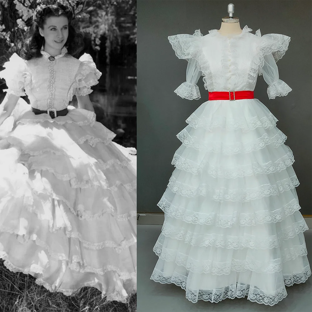 

Victorian Short Puff Sleeves Tiered Ruffles Lace Bridal Gown Cosplay Scarlett Cottagecore High Neck Vintage Frence Wedding Dress