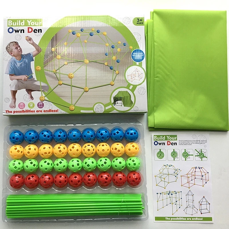 어린이 빌딩 요새 성 터널 텐트 키트, DIY 3D 플레이 하우스 빌딩 장난감, 어린이 생일 선물 빌딩 블록