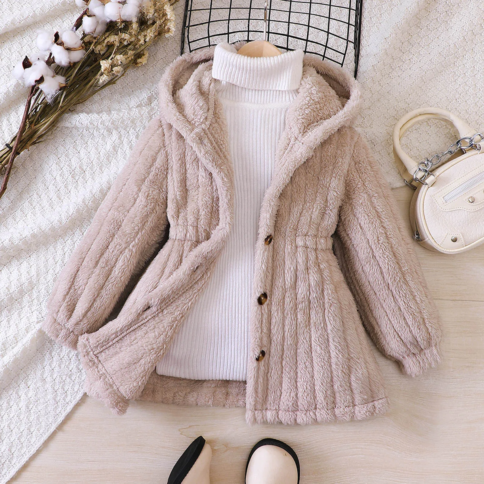 Toddler Girls Winter Windproof Hooded Coat Jacket Kids Warm Fleece Solid All Match Fashion Outerwear Jacket Winter Coat Girls