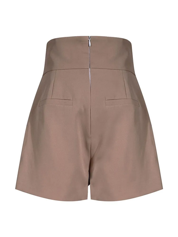 KBQ Spliced Double Breasted Solid Shorts For Women High Waist Casual Crisscross Patchwork Pockets Pants Female Fashion Clothing