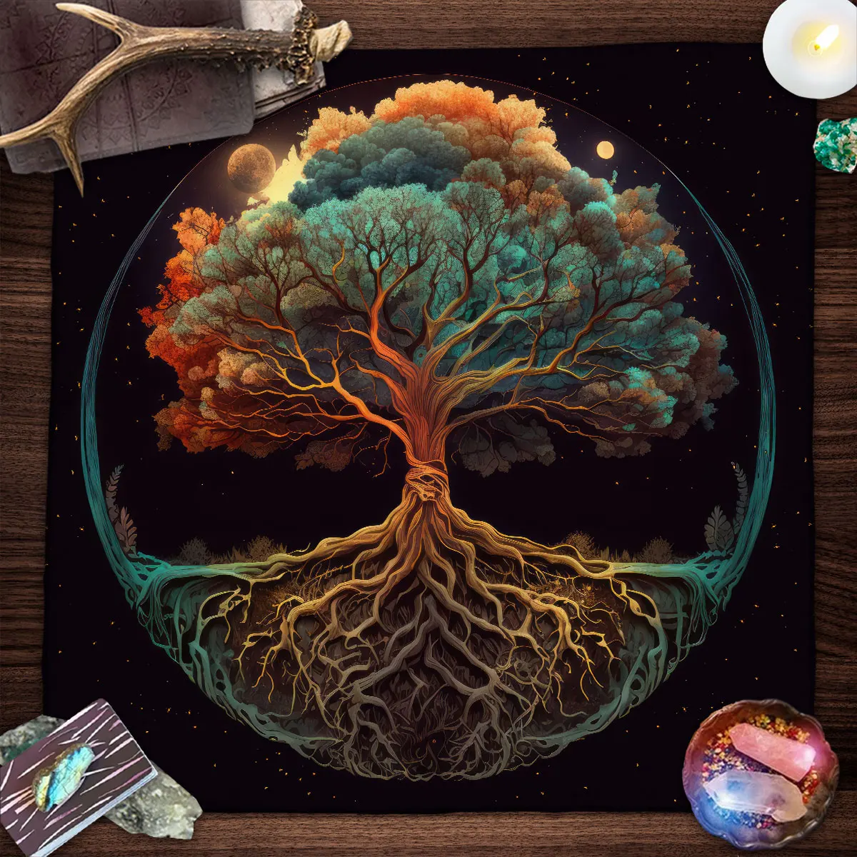 Mysterious Green Tree of Life Tarot Card Tablecloth Wicca Altar Cloth Fantastic Life Tree Tablecloth for Tarot Oracle Card Pad 5
