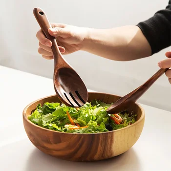 2 pezzi in legno grande cucchiaio forchetta set di posate stile giapponese manico lungo da portata paletta per insalata set di stoviglie utensili da cucina 1