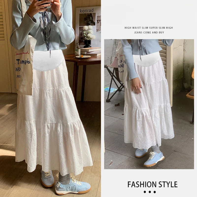 Korean Style Good Quality Maternity Belly Skirts Sweet Pregnant Woman A-line Skirts White Pregnancy Lace Umbrella Skirt
