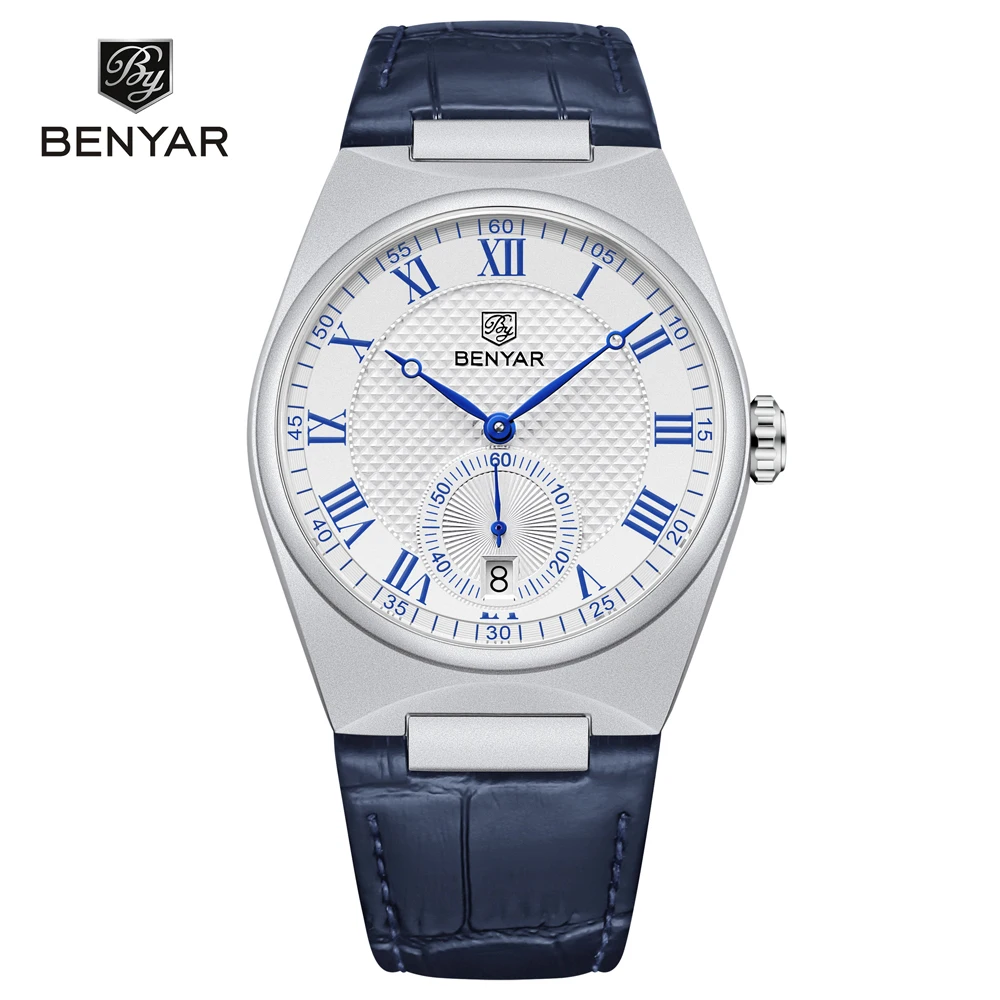Benyar Orologio Automatico Uomo Meccanico, Cinturino Acciaio Inox, Quadrante Luminoso, Impermeabile 50M, Calendario, Confezione Regalo