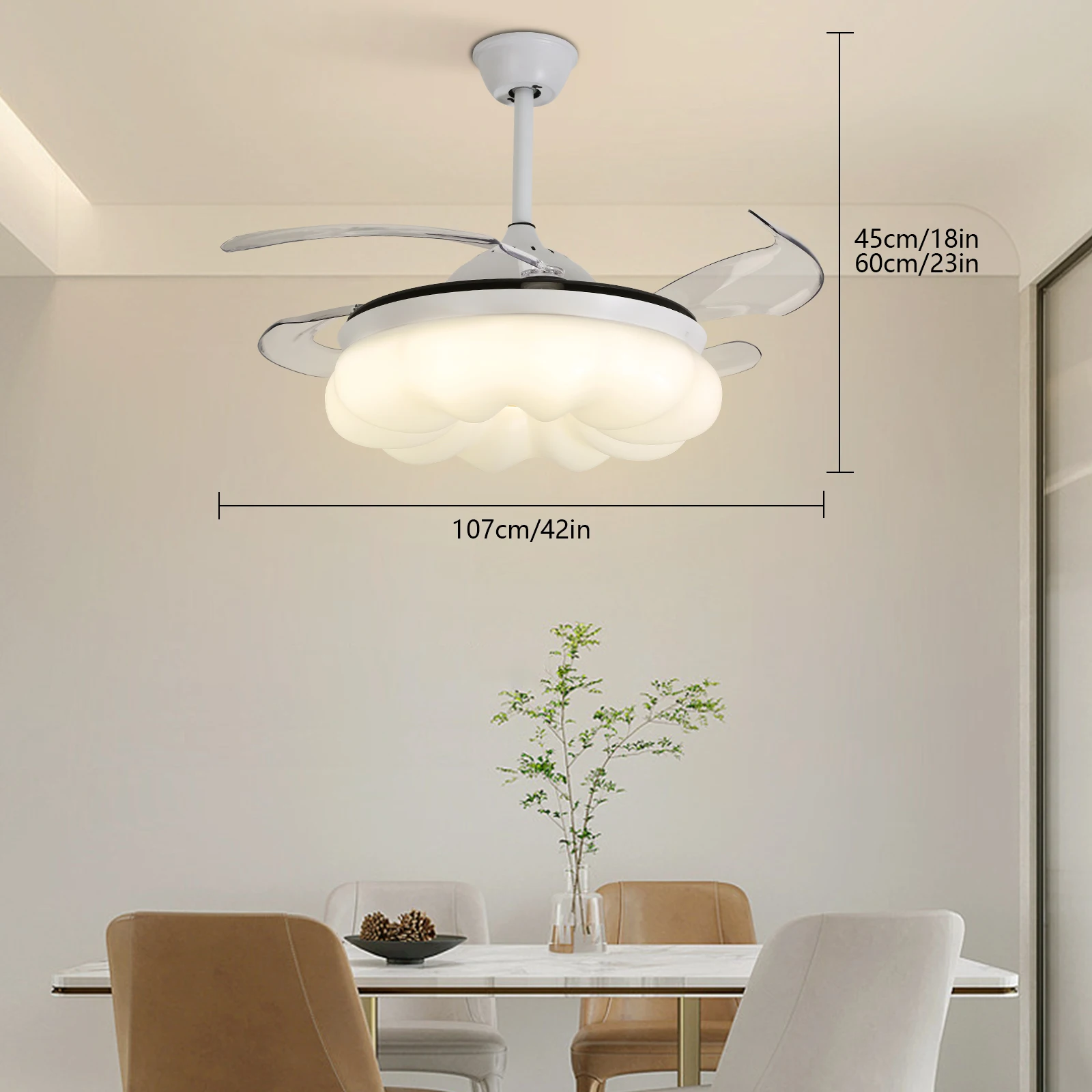 Ceiling Fan with Lights&Remote Control 42 Inch Modern Fandelier Ceiling Fan Retractable with Light