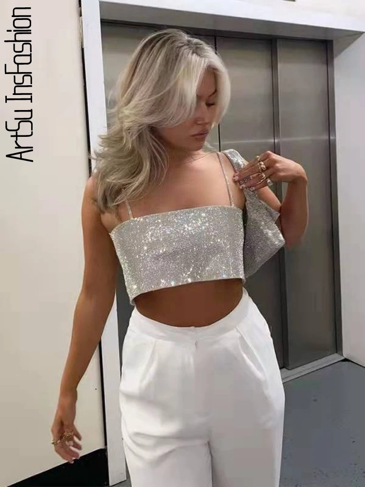 Glitter Crop Top Women Sleeveless Vest Off Shoulder Open Back Y2K Clothes Summer Party Tube Cami Sexy Tank Tops Clubwear | Женская