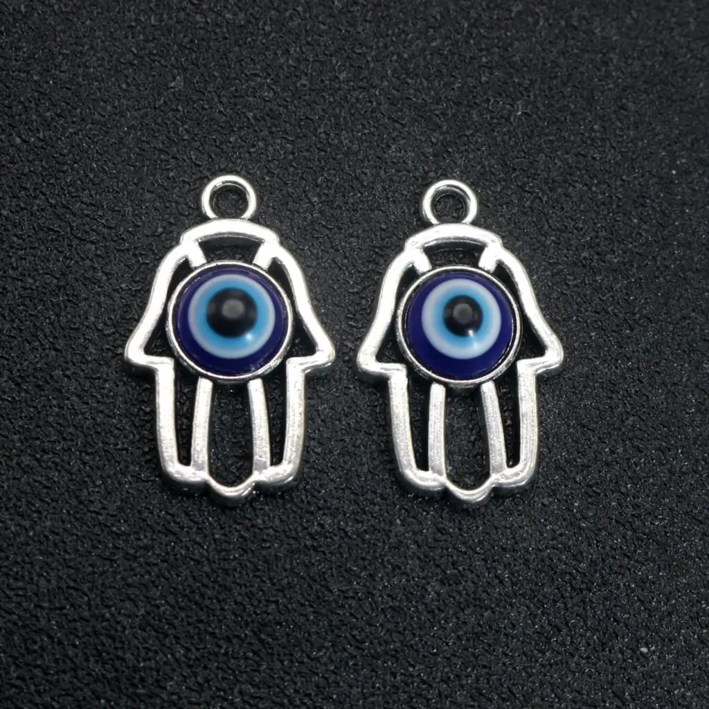 

10 Tibet Silver Alloy Royal Blue Eye Hamsa Hand Charm Pendant 32mm