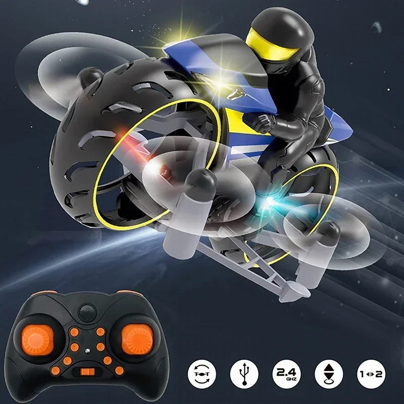 RC Motorcycle 2-In-1 Land/Air Mode Flying High Speed Motorcycle One Key Switch Stunt 2.4G RC Drone Intelligent Quadcopter Kid Toy Gift