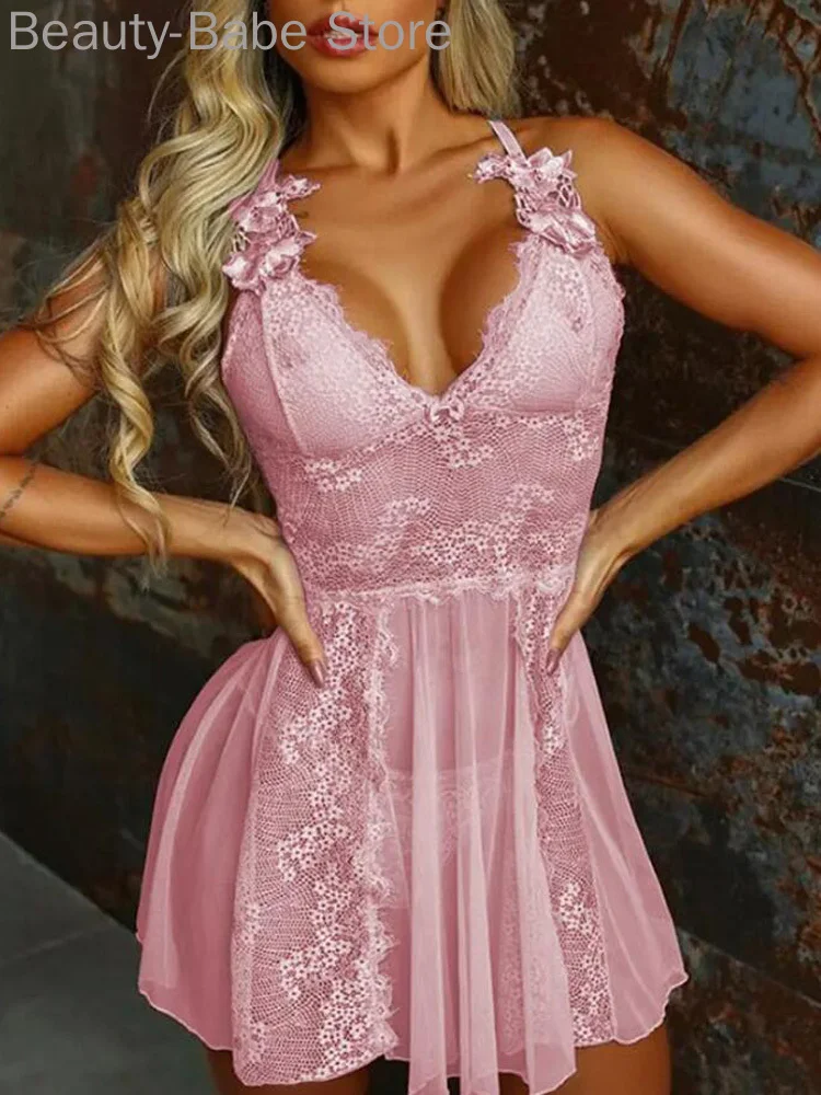 

Women sexy solid color Criss Cross Backless Contrast Lace Sheer Mesh Babydoll