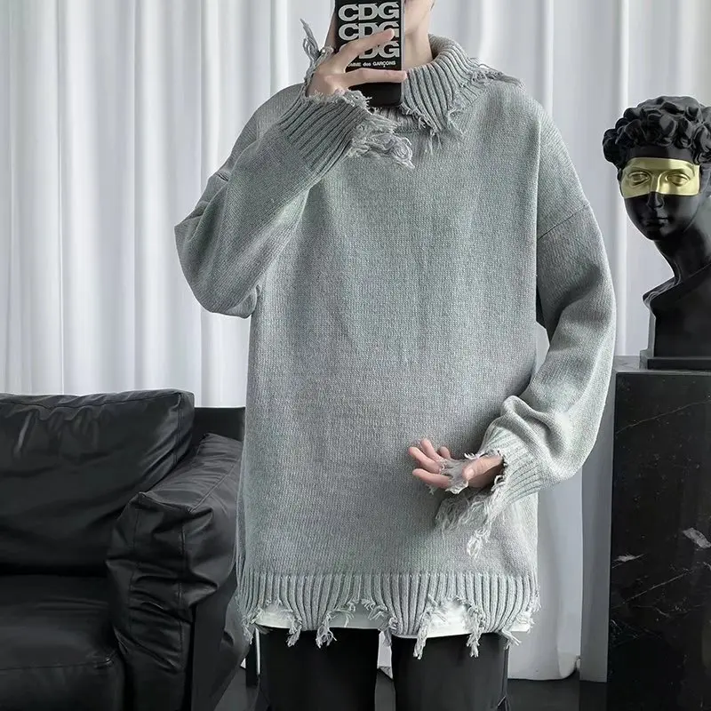 

HOUZHOU Men's High Collar Pullover Knitted Sweater Men White Ripped Pullovers Sweaters and Jumpers Korean Streetwear Hip Hop