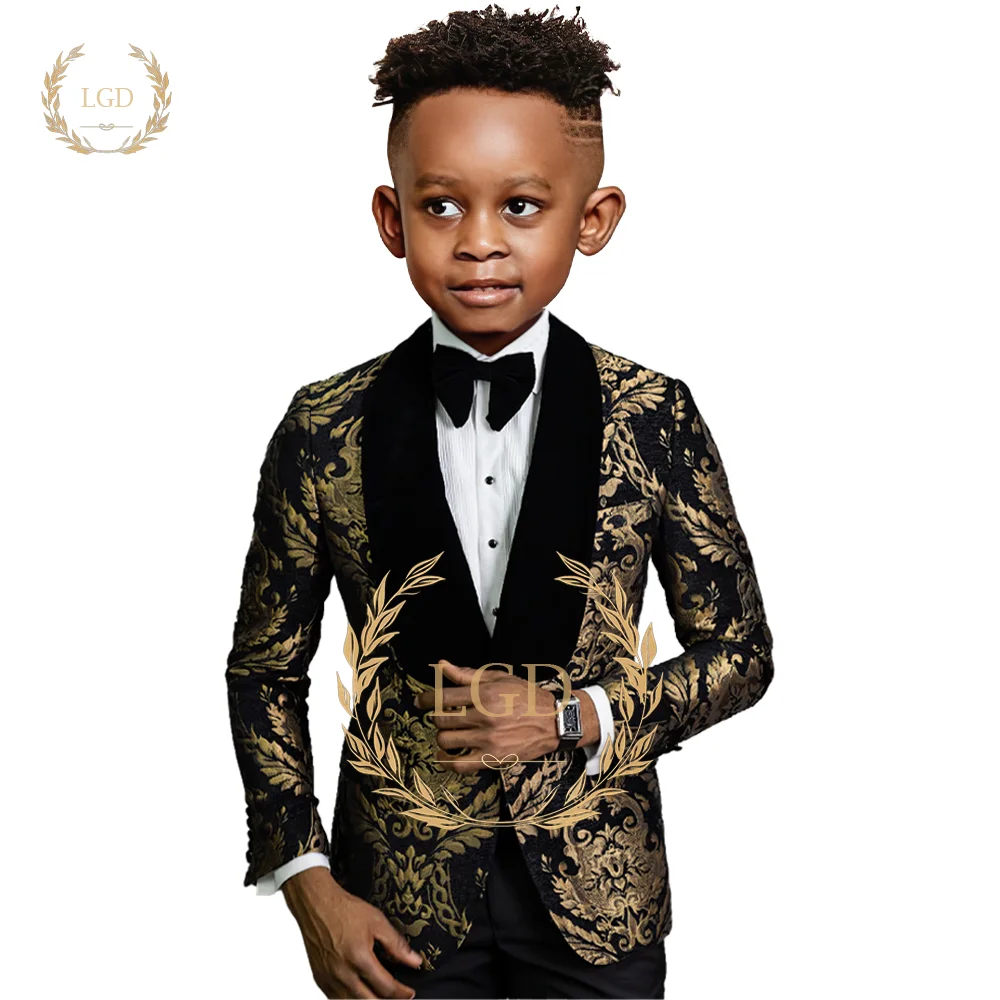 

Boys 2 Piece Velvet Shawl Lapel Suit Personalized Floral Jacquard - Perfect for, Proms, Celebrations, Weddings and More