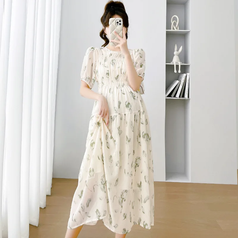 Sweet Maternity Floral Dress Summer Clothes for Pregnant Women Fashion Round Collar Short Sleeve Pregnancy Vestidos