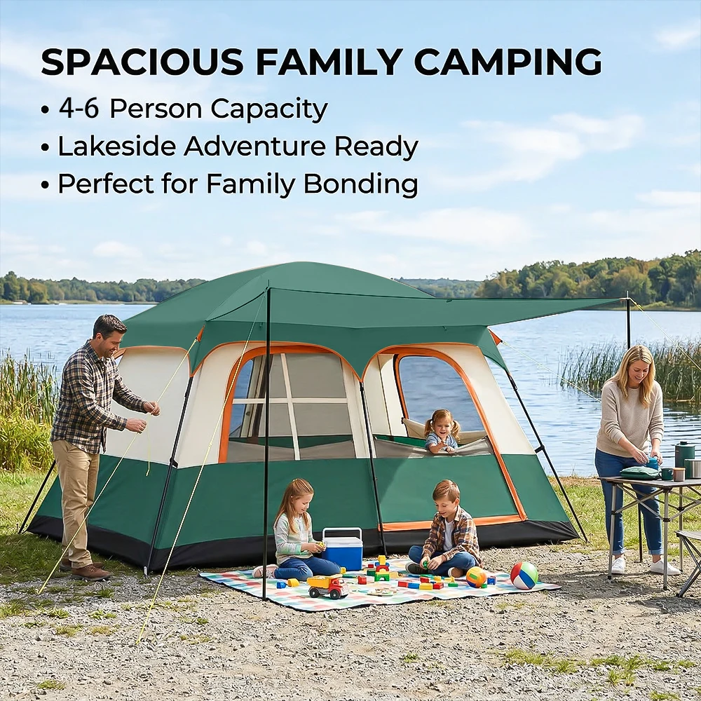 Grote kampeertent voor 4-6 personen, gezin, wandelen, twee slaapkamers en één woonkamer, waterdicht, outdoor backpacking uitrusting 6