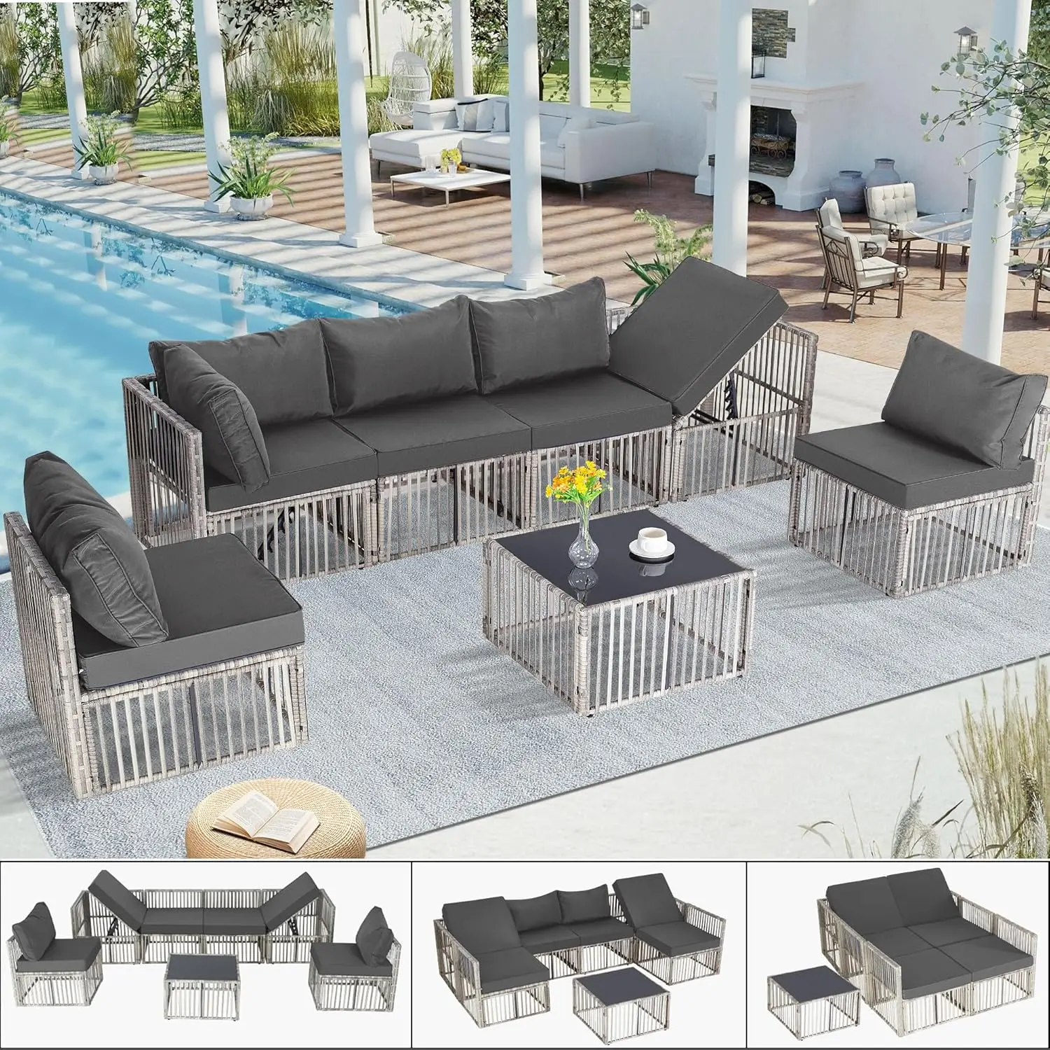 7 piece outdoor wicker patio furniture set, rattan sectional sofa couch, patio conversation set with cushion & coffee table, fo