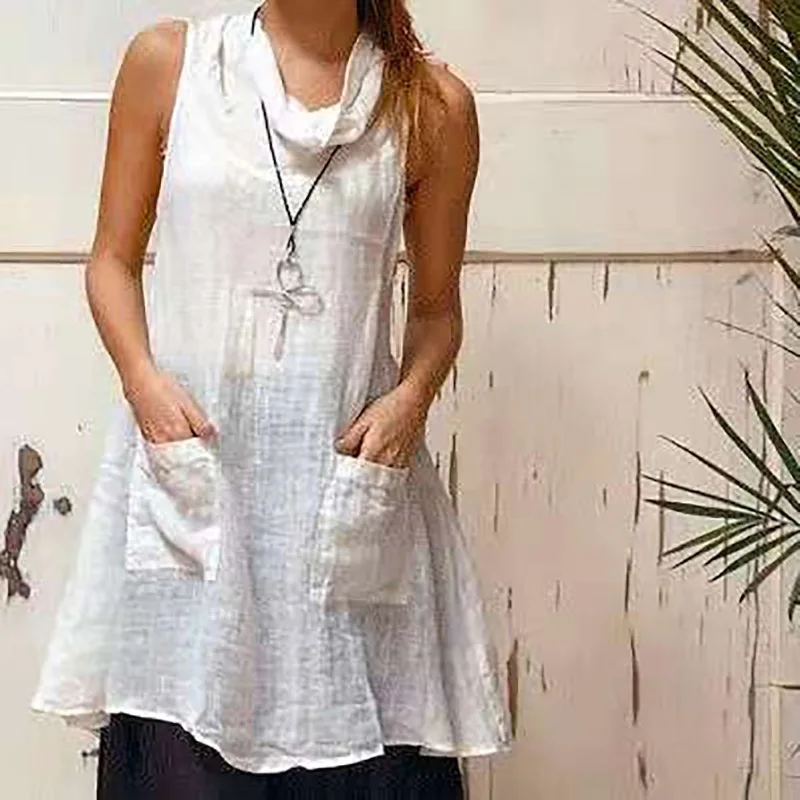 

White Summer Harajuku Short Linen Dresses Women Vintage Casual Solid Color Pile Collar Pockets Sleeveless Shirt Dress vestido