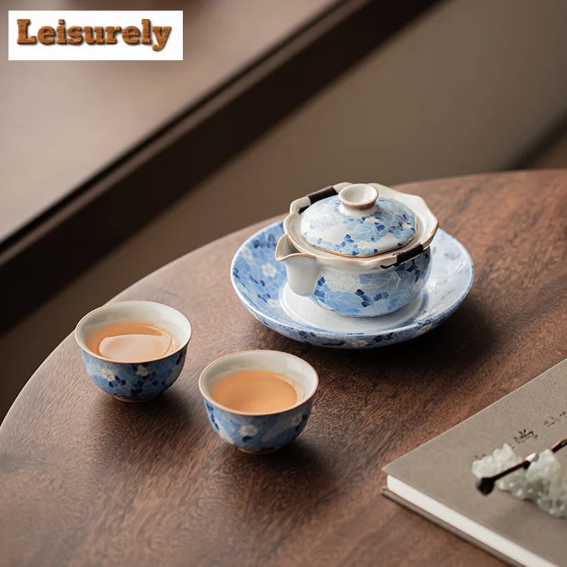 Blue and White Ru Kiln Porcelain Tea Set Complete Set Handmade Tea Ceremony Set Tea Making Teapot and Tea Cup Set Teaware Craft