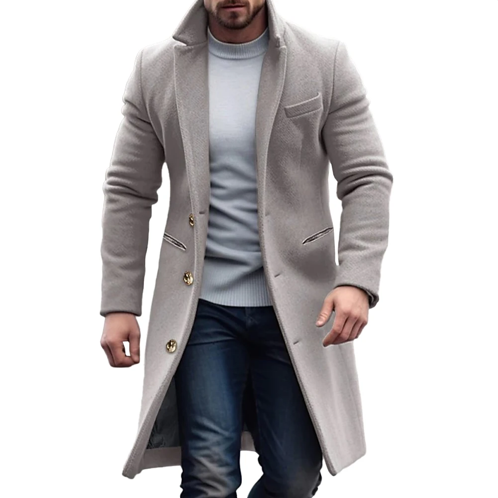 

Autumn Winter Men Single Breasted Coats Overcoat Solid Color Long Sleeve Woolen Blends Long Jackets Trench Male Tops