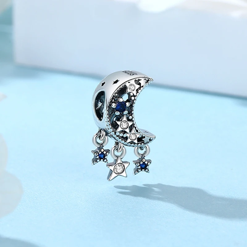 Original 925 Sterling Silver Charm For Women Moon Star Space Charms Crystal Beads Fit Pandora Bracelets Necklaces DIY Jewelry