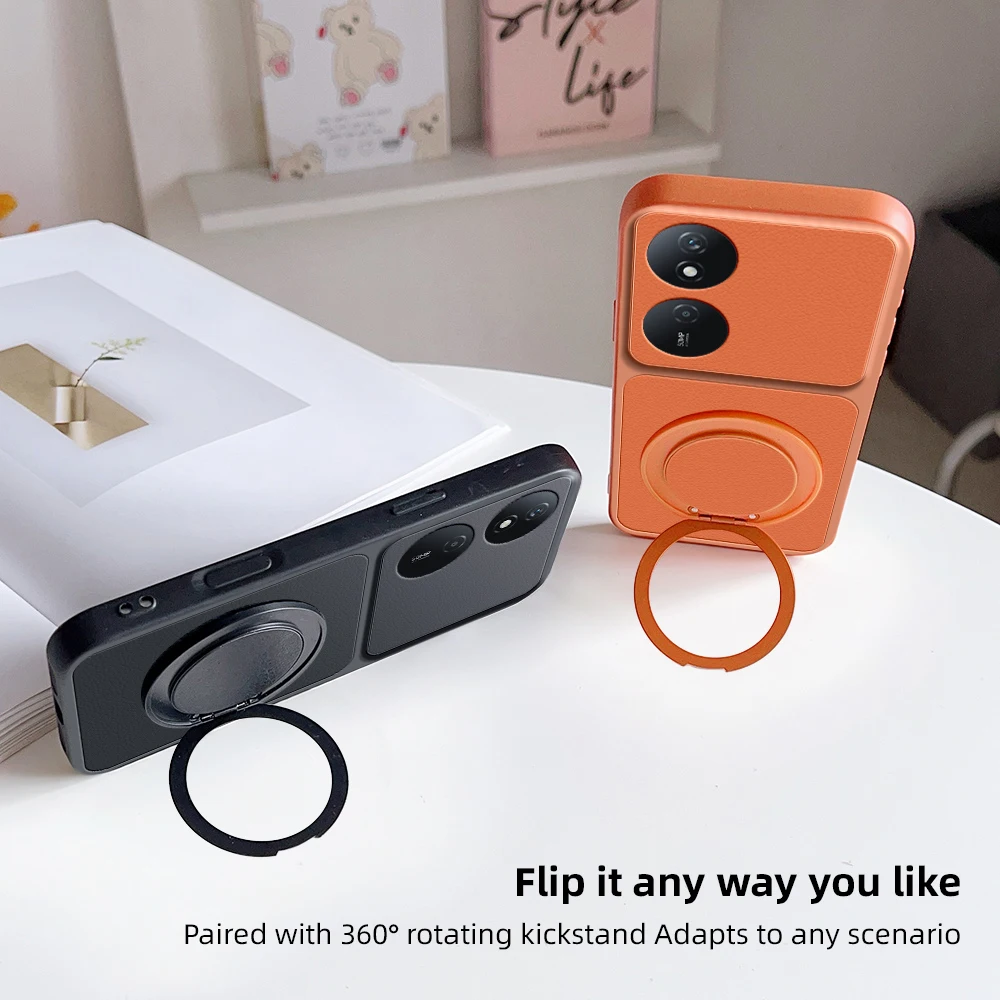 Fashionable Multi-Angle Rotatable Kickstand Phone Case - PU Leather Texture Shockproof Cover