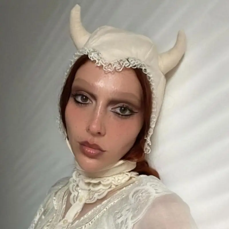 P9FE Große Hasenmütze, Halloween-Hornohren, Halloween-Mütze für heiße Mädchen, Y2K-Mädchen – Detail 7
