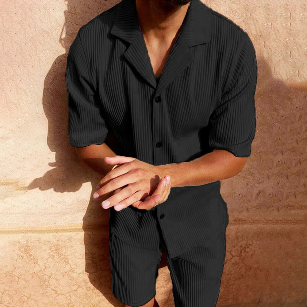 

Men Summer Corduroy Shorts Sleeve Shirt And Shorts Suit Fashion Beach Streetwear