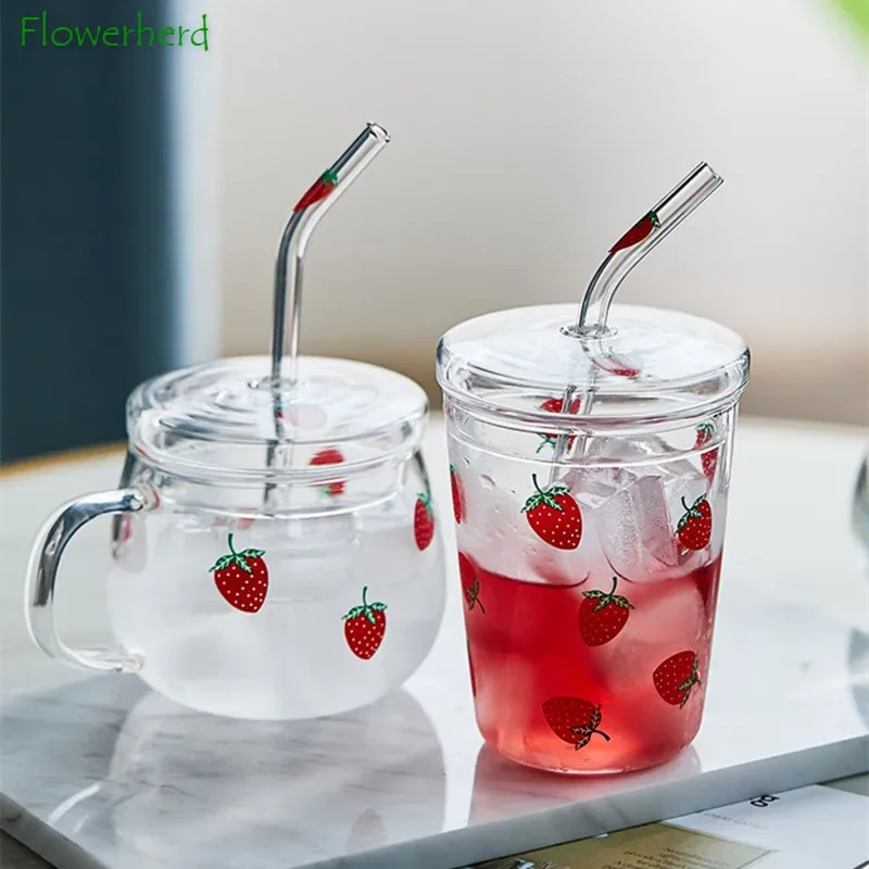 Strawberry Glass Mug with Straw Creative Drinking Cup with Lid