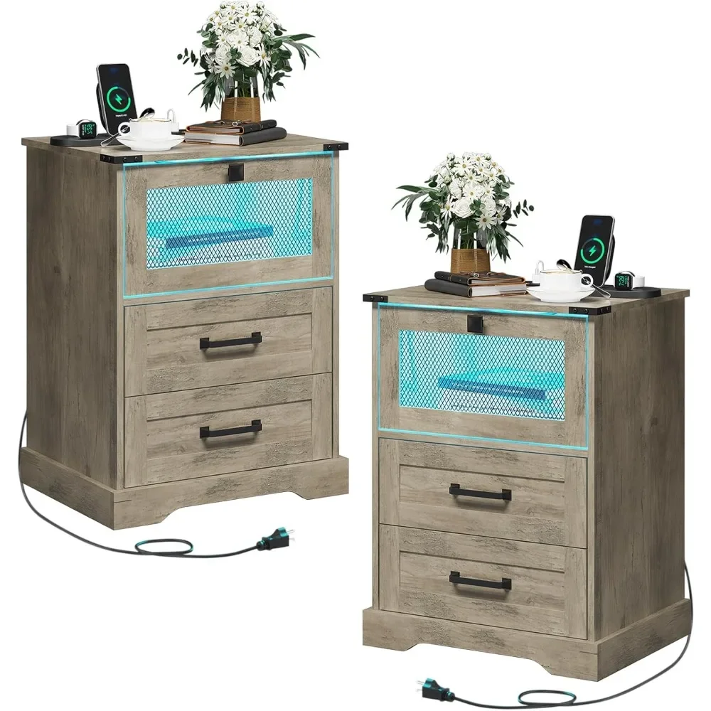 Farmhouse Night Stand Set of 2 with LED Lights and Charging Station, Rustic Oak Nightstand with Drawers 6