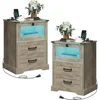 Farmhouse Night Stand Set of 2 with LED Lights and Charging Station, Rustic Oak Nightstand with Drawers 6
