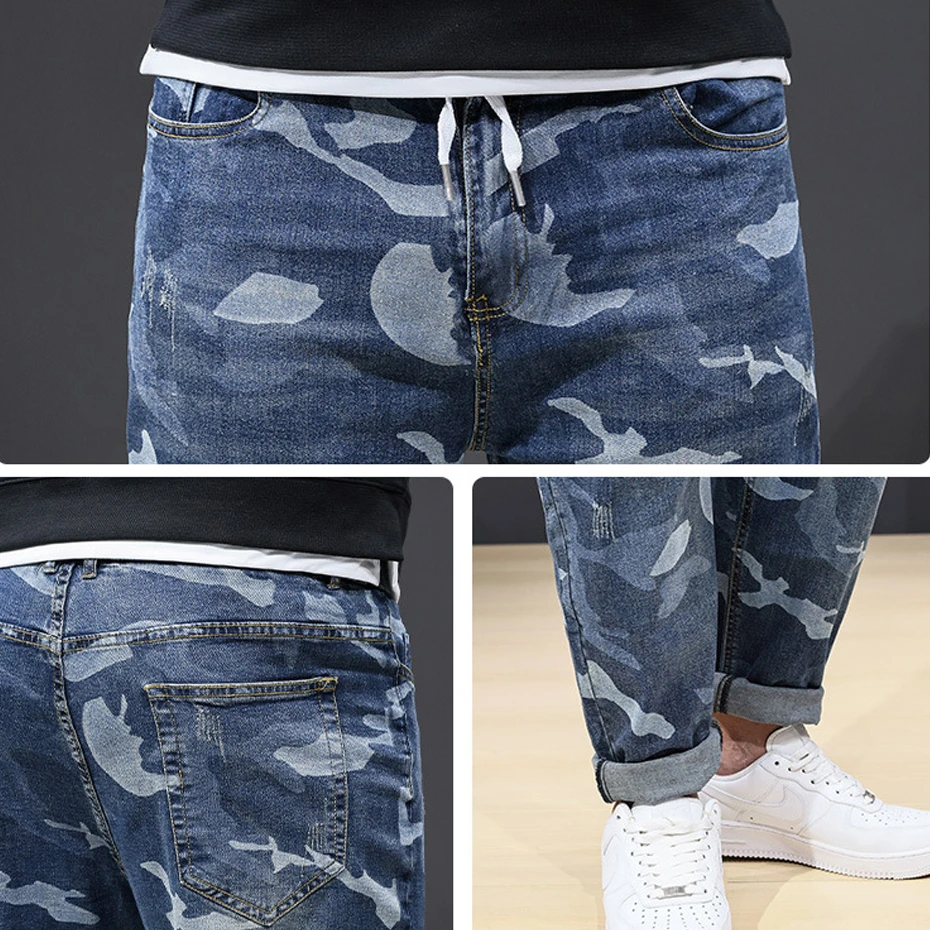 Camouflage Jeans Men 8XL Plus Size Denim Pants Fashion Casual Elastic Waist Jeans Male Camo Denim Pants