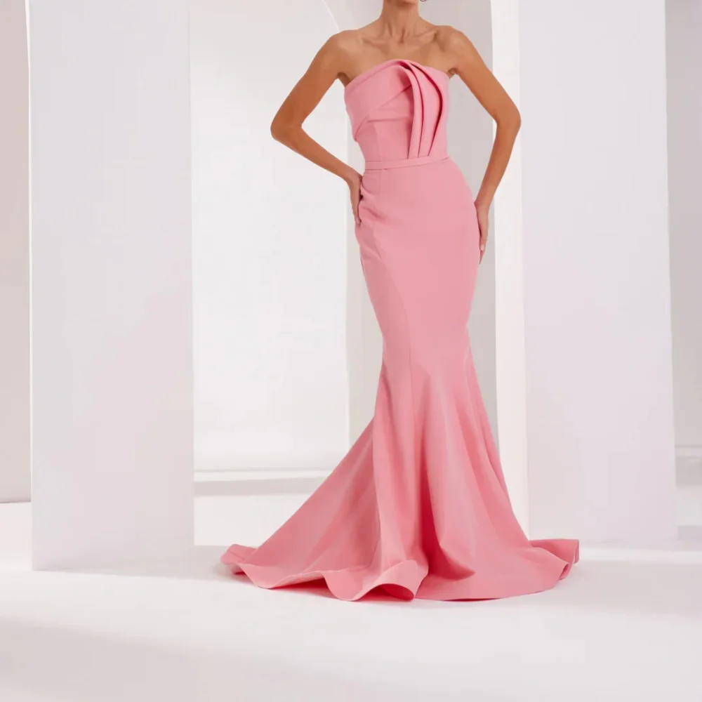 

Elegant Long Pink Strapless Satin Evening Dresses Sleeveless Mermaid Sweep Train Robes De Soirée for Women Party Gowns