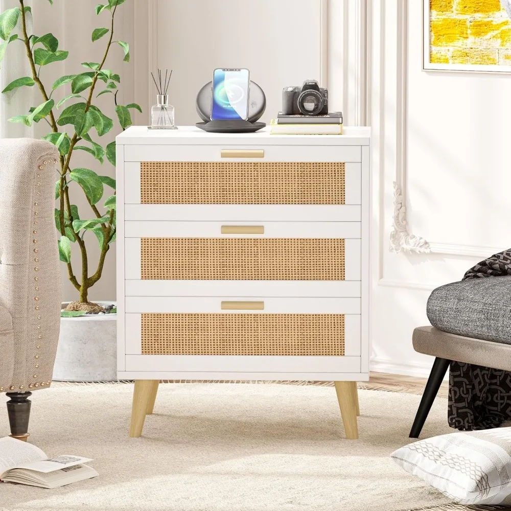 Rattan Nightstand with Charging Station, Night Stand with 3 Large Rattan Drawers, Accent End Table, Bedside Table S