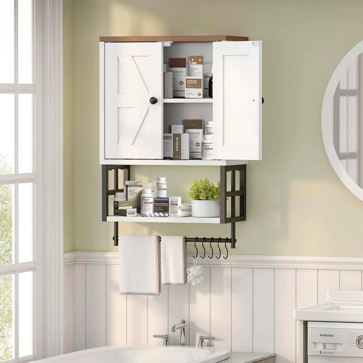 Farmhouse Medicine Cabinet for Small Bathroom Wall Mounted – 3-Tier Storage Cabinet with Adjustable Shelf & Towel Bar, 2-Door